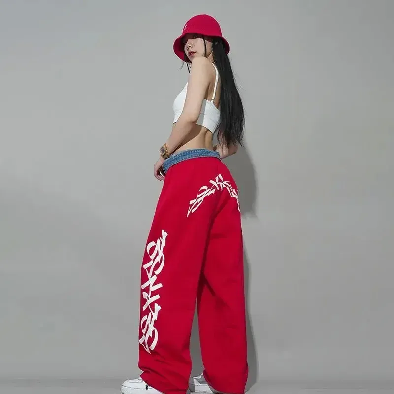 Capris American Street Alphabet Red Loose Straight Drawstring Mopping Casual Pants Jazz Dance Hiphop Hip Hop Sports Pants Women's Pants