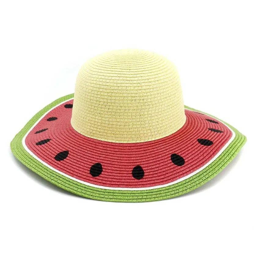 Summer Women Foldable Paper Straw Sun Hats Sombrero Wide Brim Beach Sun Visor Cap Ladies Sweet Watermelon Color Foppy Hat235A