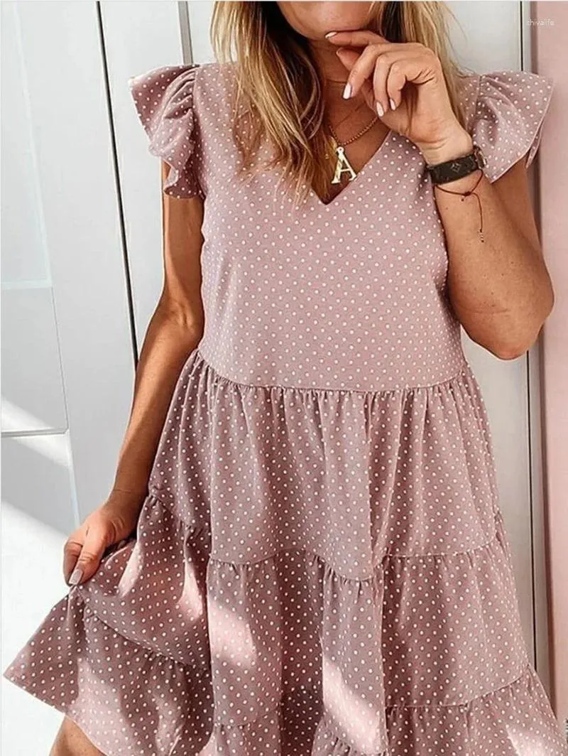 Vestidos casuais boho polka dot mini vestido de verão mulheres babados soltos manga curta plus size size elegante e decote em vaca de praia