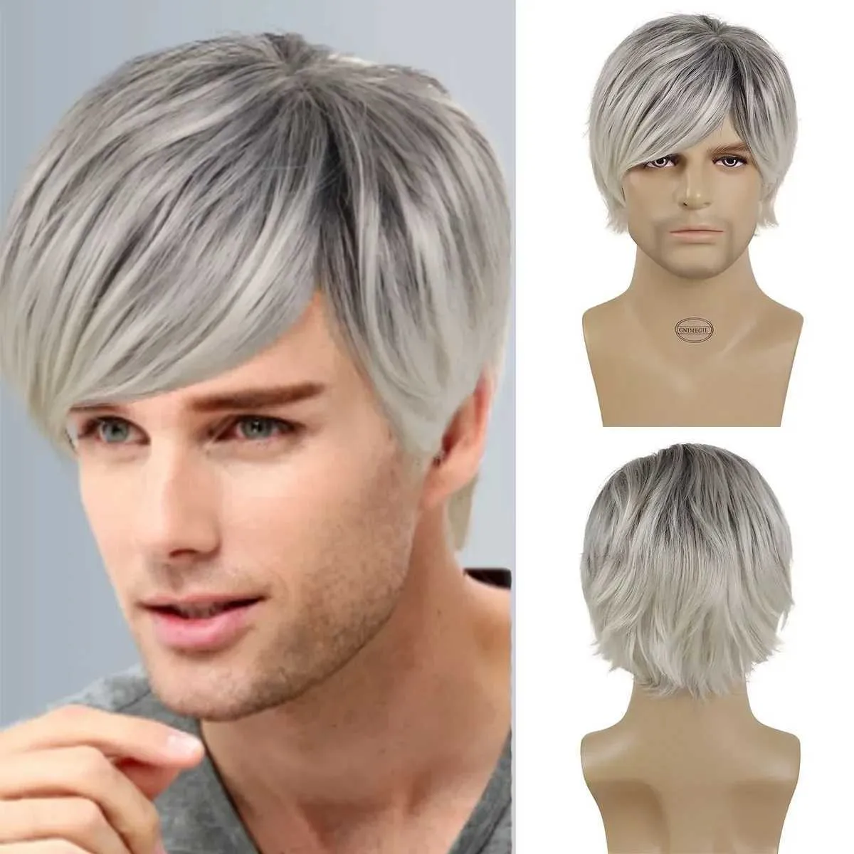 Parrucche per capelli Sintetiche Ombre Grigie Taglio di capelli da uomo Parrucche maschili corte e diritte con frangia di riga laterale Cosplay Liscio naturale resistente al calore 240306