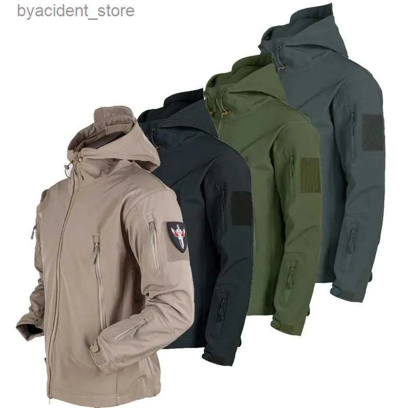 Camicie casual da uomo 2024 Uomo Impermeabile con cappuccio Inverno Impermeabile Pelle Tattica Giacca militare Sport Trekking Giacca a vento Protezione solare Giacca militare Abbigliamento L240306