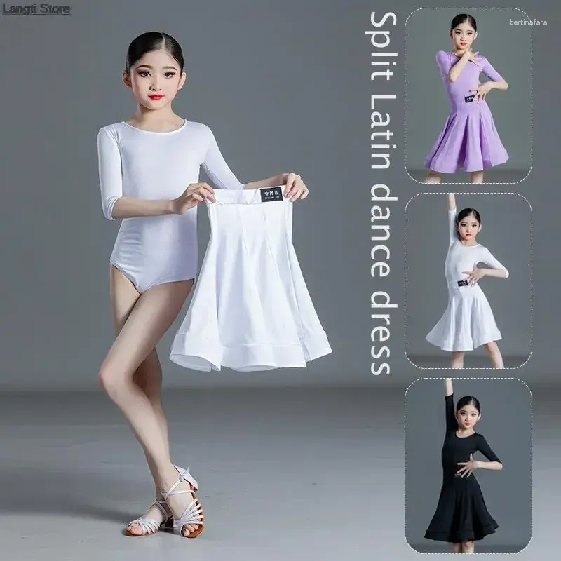 Etapa desgaste niños vestido de baile latino niñas manga larga / corta encaje malla moderno salón de baile vestidos niños salsa tango falda