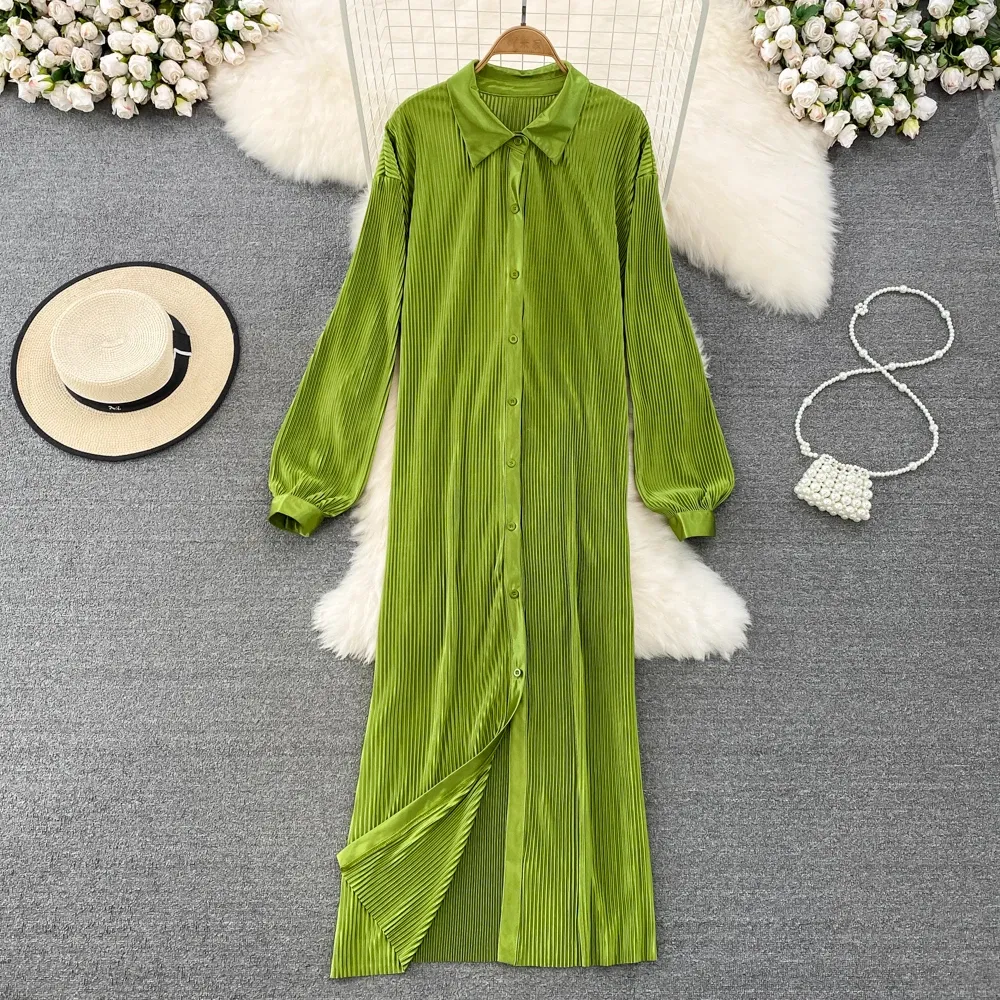 Dress Robe Single Breasted Girl All Match Korean Puff Sleeve Turn Down Collar Casual Basic Clothing Sweetie Women Trendy Y2K Dress