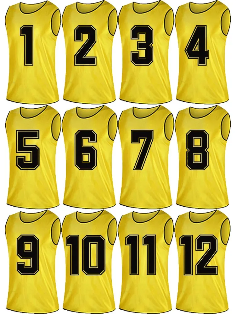 12 PCS Jerseys de práctica de fútbol numerados Chalecos de escaramuza Pinnies deportivos Equipo de fútbol Baberos de entrenamiento para niños Adlut Niños 240301