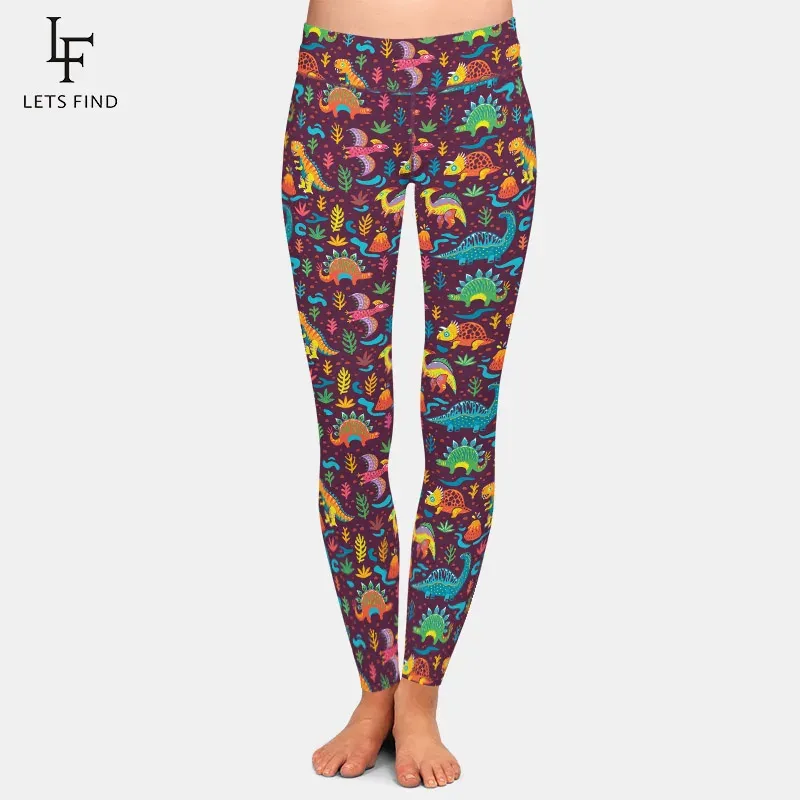 Leggings Letsfind 220gsm lateral duplo escovado leite macia impressão de seda alta cintura perneiras de desenho animado dinossauros imprimir calças femininas