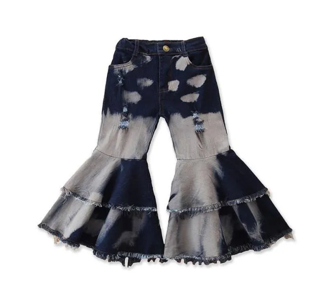 Baby Girls Flare Pants Double Ruffle Tassel Denim Pants Kids Casual Clothes Girls Elastic Waist Pocket Trousers Boot Cut Jeans 0609640476