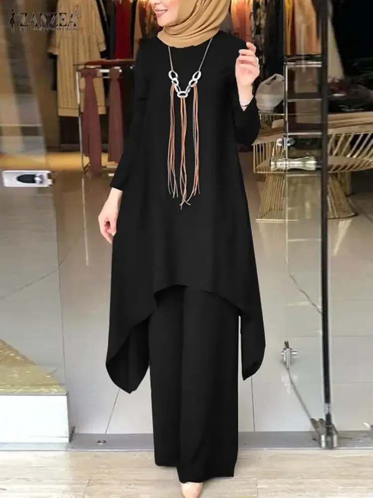 Pantolon Moda Katı Müslüman Setleri Zanzea Sonbahar Uzun Kollu Bluz ve Geniş Bacak Pantolonları Türkiye Abaya Kentsel Takip İslam Giyim