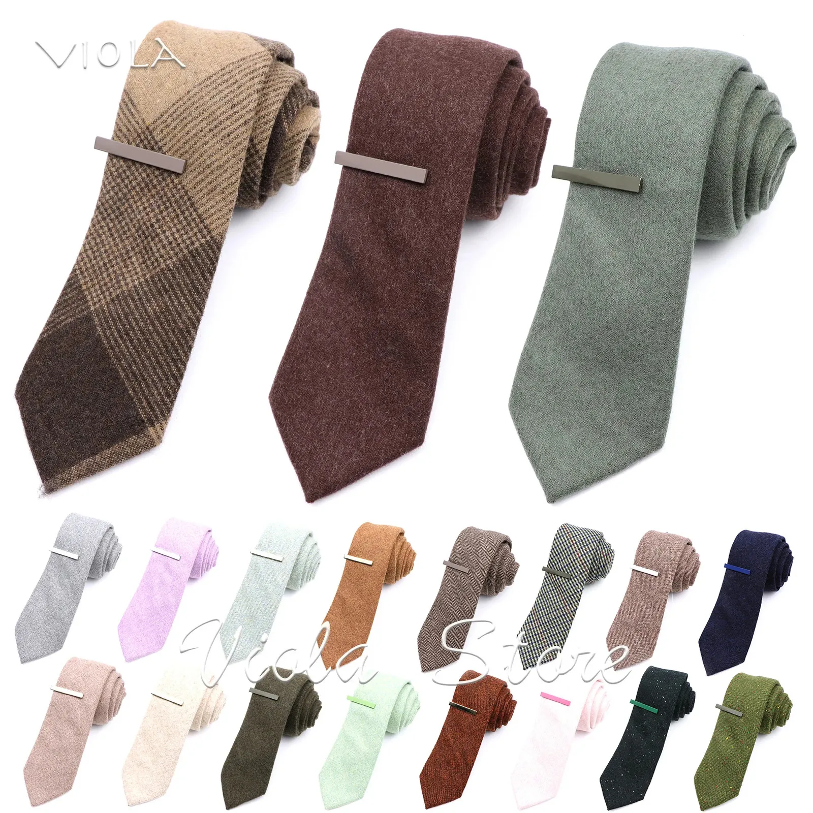 Colorful Top 50%Wool 7cm Necktie Clip Set Soft Brown Pink Green Solid Plaid Classic Men Wedding Suit Party Cravat Accessory Gift 240301