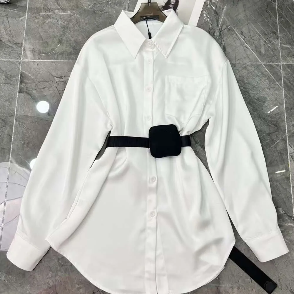 Single Breasted Long Black White Shirt Blouse With Waist Bag Fashion Designer 2024 Spring Vintage Tops For WomenFZ2403054