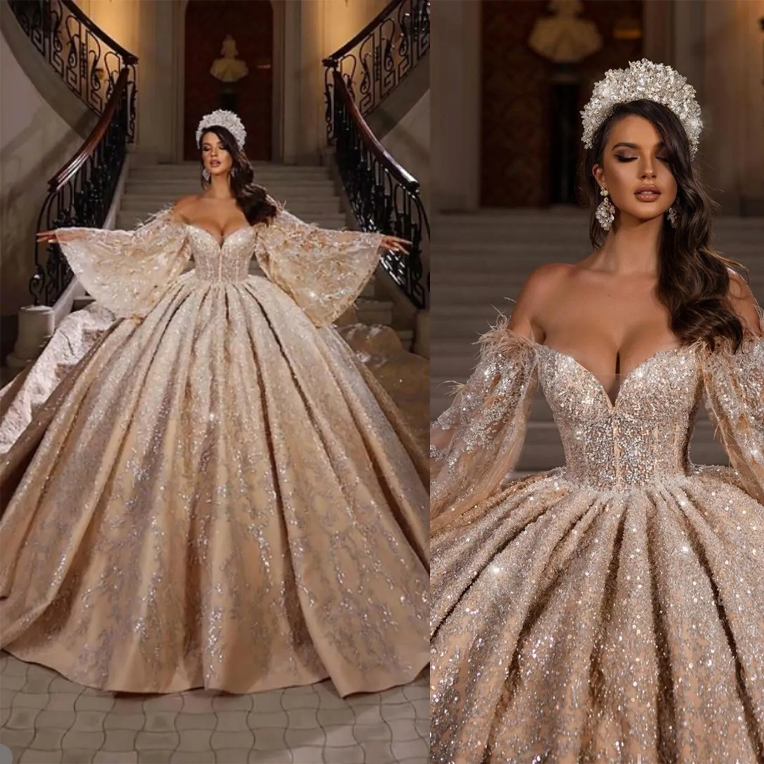 Muhteşem bir çizgi gelinlik elmas kristal tüy gelin elbisesi tatlım ışıltılı sıralı tül vestido de novia özel boyut