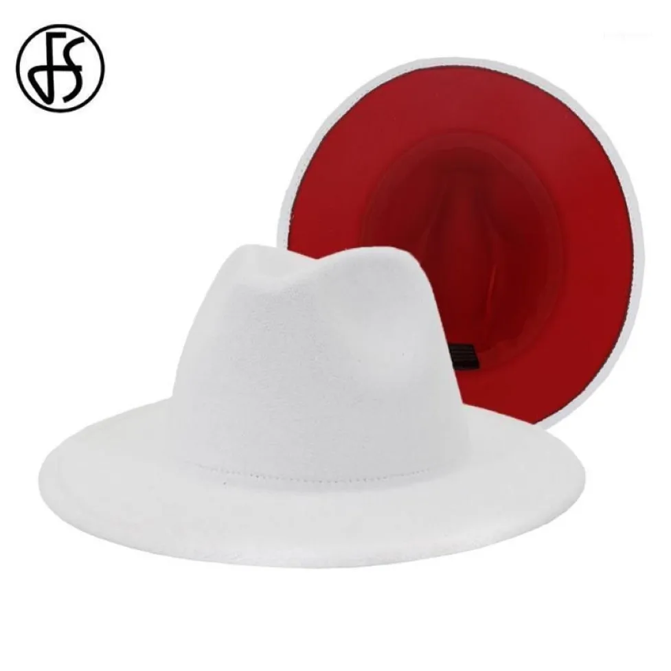 FS White Red Patchwork Wool Felt Jazz Fedora Hat Women Unisex Wide Brim Panama Party Trilby Cowboy Cap Men Gentleman Wedding Hat12342