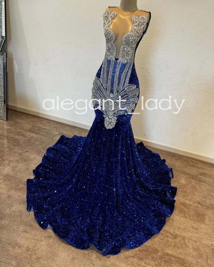 Vestidos formais de noite longos de veludo azul real para mulheres 2024 brilhante diamante cristal sereia baile de gala vestido de aniversário