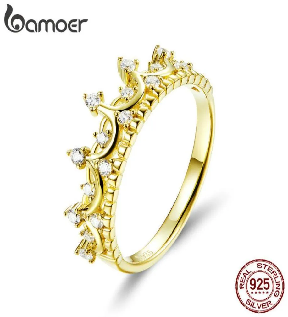 Bamoer Authentic 925 Sterling Silver Princess Gold Color Crown Rings for Women Wedding Ring smycken Anel SCR4934430246