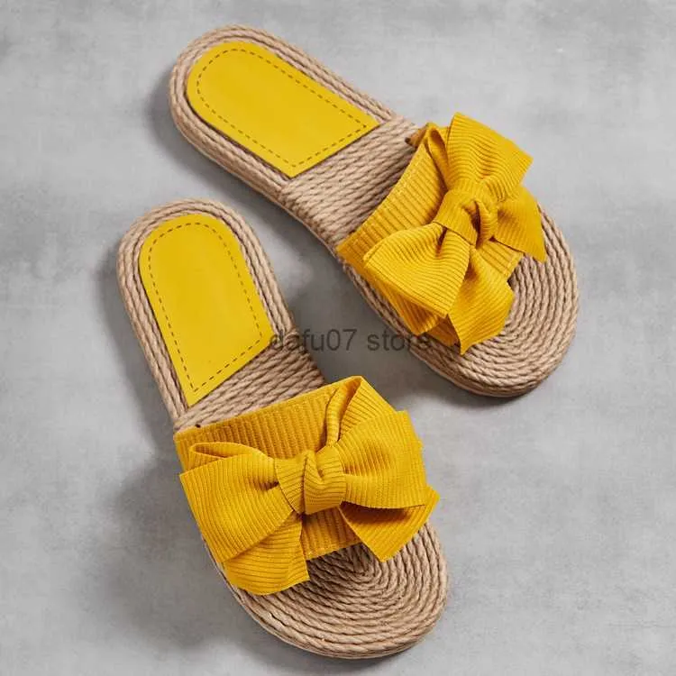 Pantoufles d'été pour femmes, nouvelle ligne, avec fond en lin, couleur unie, tendance, intérieur et extérieur, jaune, BowH240306