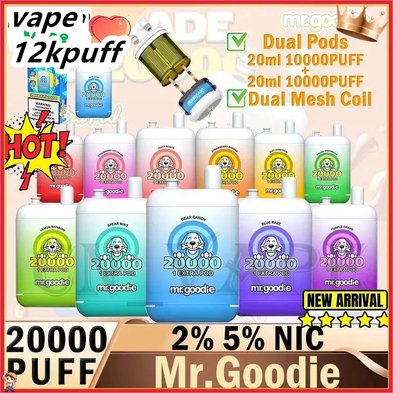 Mr Goodie Original 20000puff Disposable Vape Pen 650mAh 20ml + 20 ml Pack d'huile Double Puffs20k Pré-rempli avec 12 saveurs C-Type Double Can Double Mesh Coil Vapes