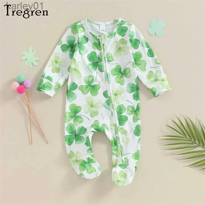 Footies Tregren 0–6 Monate Neugeborenes Baby Jungen Mädchen Footies Strampler Vierblättriges Kleeblatt-Druck Rundhalsausschnitt Langarm Säuglings-Frühlingsoverall YQ240306