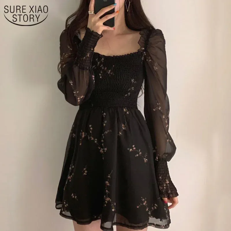 Dress Autumn Womens Sexy Black Dress Vintage Flower Long Puff Sleeve Chiffon Dresses Korean Casual Mini Vestidos Mujer Clothes 13676