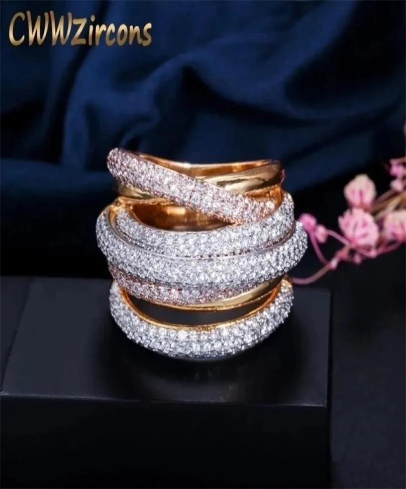 CWWZircons Luxury Designer 3 Tones Gold Geometry Cubic Zironium Big Wedding Engagement Bridal Finger Ring Jewelry Addiction R059 21739351