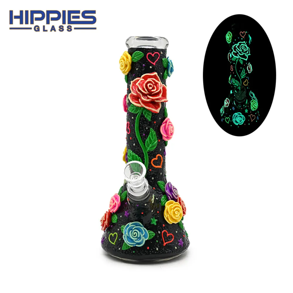 1pc,10in,Glass Bottle With Cute Rose & Love,Pink Flowers With Glow In Dark,Borosilicate Glass Water Pipe,Glass Hookah,Polymer Clay Glass Smoking Item With Flowers & Love