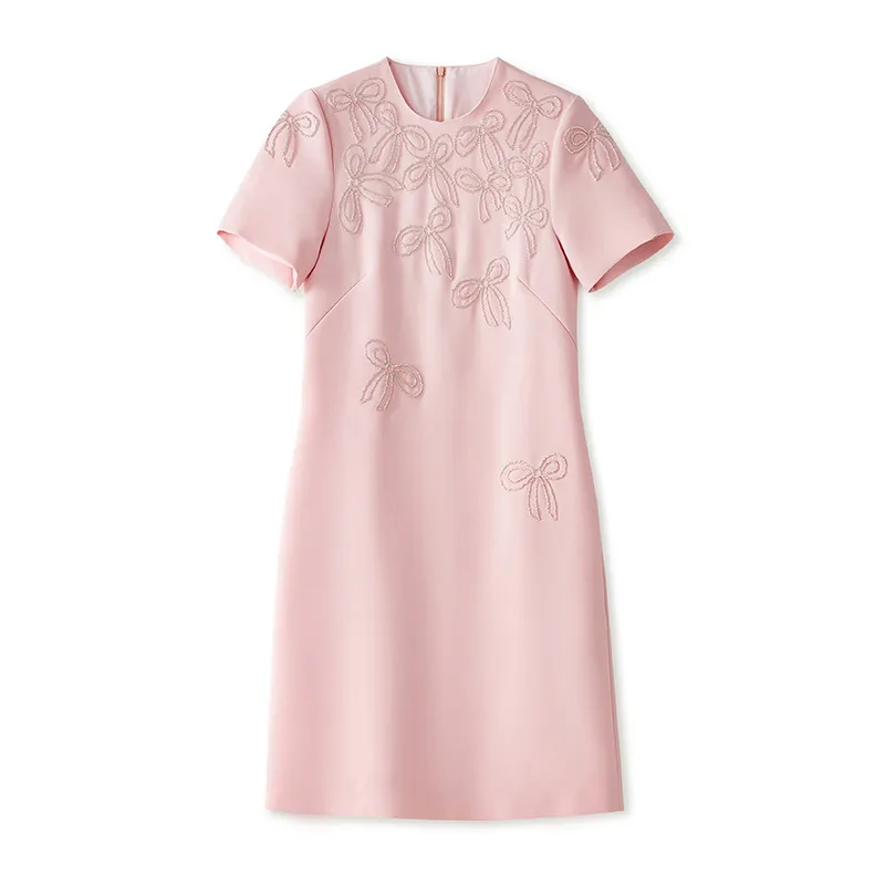 2024 Spring Pink Solid Color Dress Short Sleeve Round Neck Short Casual Dresses W4M053406