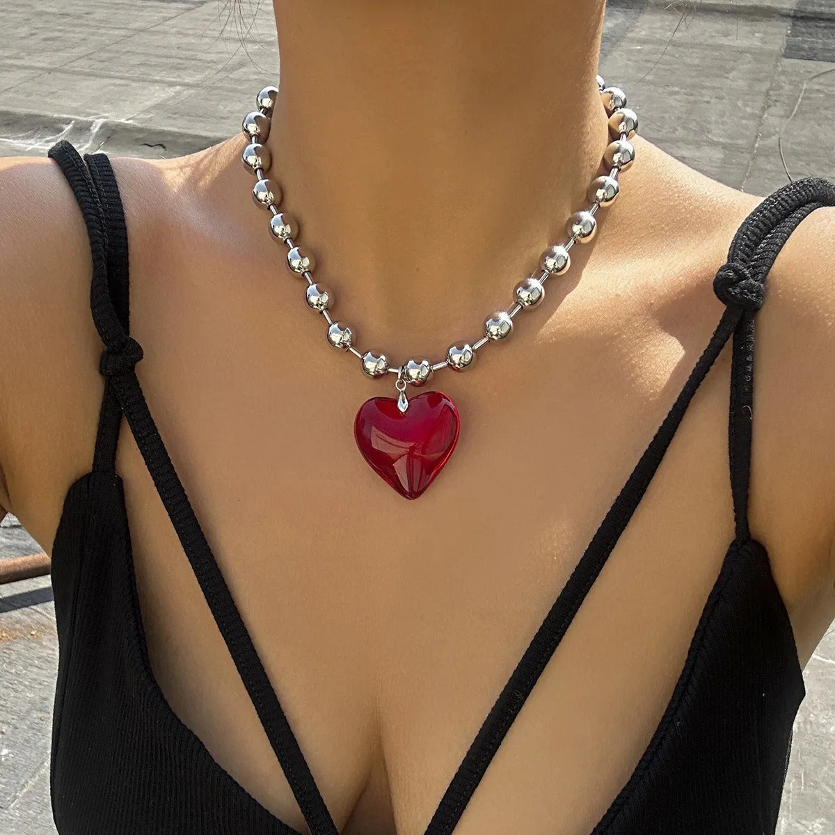 6 couleurs Hip Hop coloré amour coeur pendentif collier femmes Punk argent couleur perles chaîne Grunge bijoux accessoires Steampunk 240229