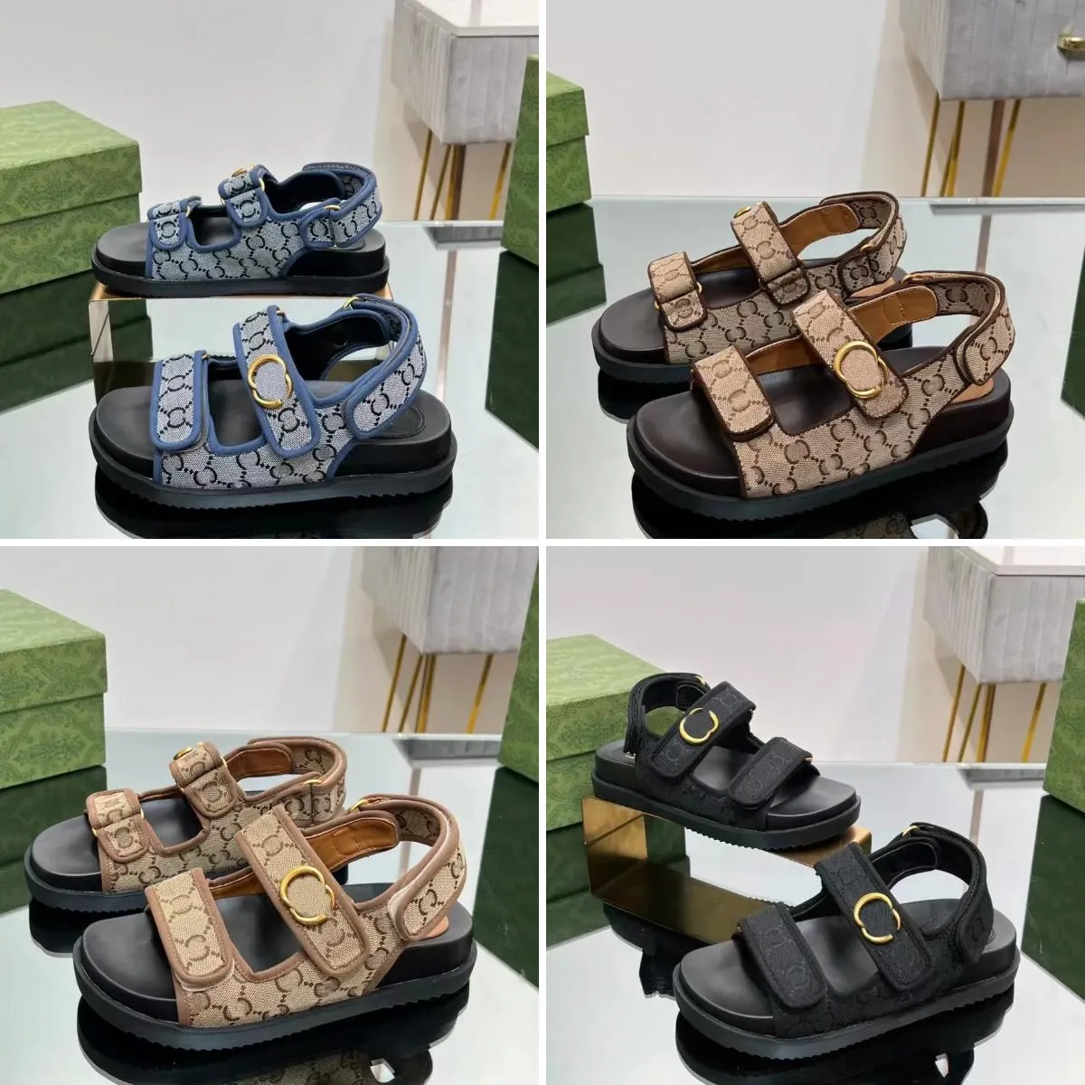 2024 디자이너 New Woman Sandals Sandals Calfsin Velcro 자수 비치 신발 크기 35-42 상자와 쇼핑백