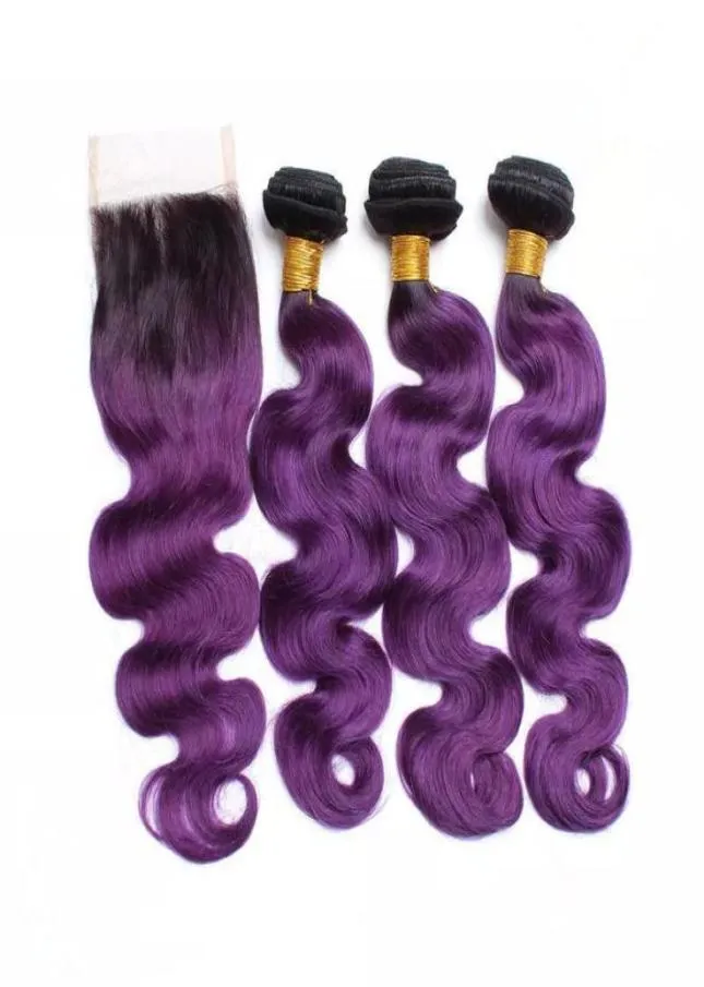 Fasci di tessuto capelli umani Ombre viola con chiusura superiore Onda del corpo Estensioni dei capelli vergini Ombre nere e viola con chiusura in pizzo 4x4su9271091