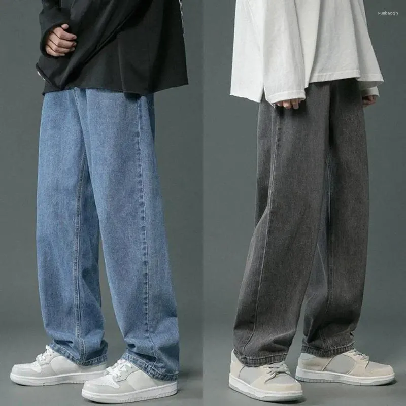 Mens Jeans Retro Män rakt ben Bekväma denim för Wide Leg Pants Hop Style Washed Streetwear