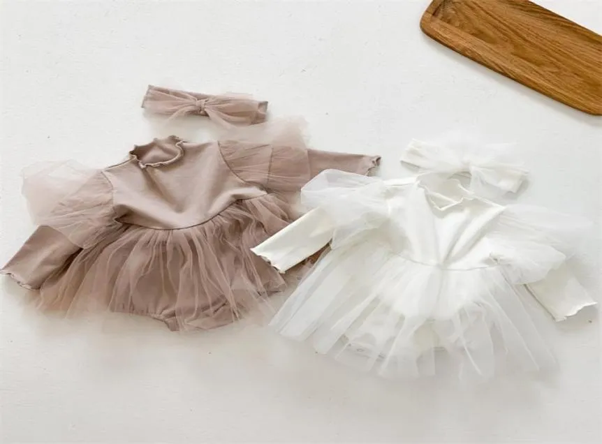 Spring Baby Girls Romper Dress White TUTU New Born Long Sleeve 1st Birthday Infant Toddler With Headband 2pcs Clothing 2268 V22876626