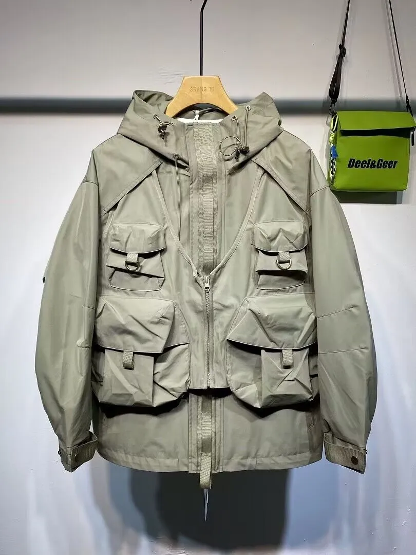 Spring Autumn Cargo Zipper Jacket Trend Tactical Hooded Work Wear Jacket Men American Retro Outdoo Coat Mountaineering Wear