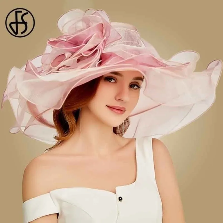 FS Pink Kentucky Derby Hat For Women Organza Sun Hats Flowers Elegant Summer Large Wide Brim Ladies Wedding Church Fedoras T2006022183