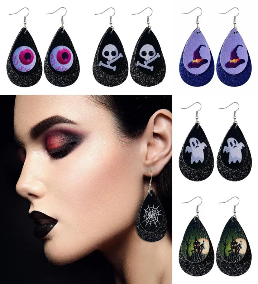 Halloween örhänge Skull Water Droplet Shaped Double Layer Pu Leather Sequin Pumpkin Spidernet Ghost for Women Cool Earrings JewelR2713744