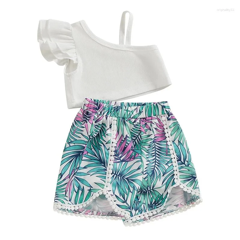 Conjuntos de roupas da criança do bebê crianças meninas 2pc roupas de verão sem mangas irregular recortadas regatas folhas shorts conjunto praia outfit