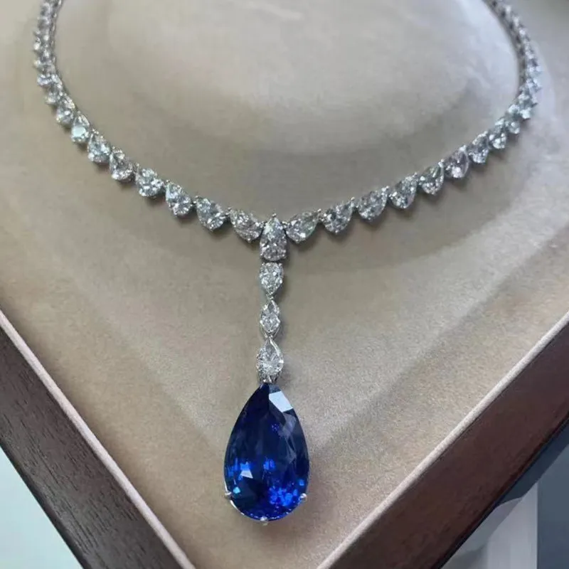 Värdefull Sapphire Diamond Chocker -halsband 100% REAL 925 Sterling Silver Wedding Pendants Halsband för kvinnor lovar smycken