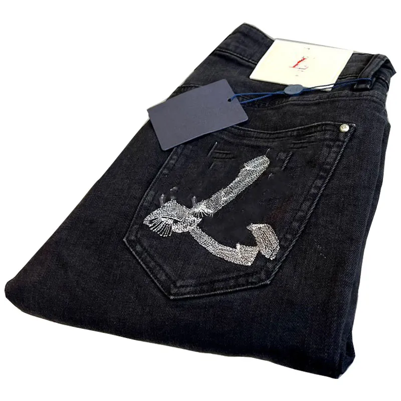 Jeans da uomo V Grafica ricamata Pantaloni larghi neri Uomo Donna Pantaloni larghi a vita alta ricamo Logo denim elasticizzato slim fit Pantaloni da uomo in denim con cerniera gamba dritta L L