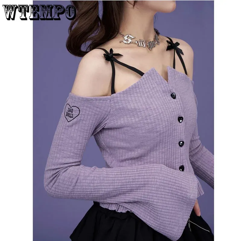 Cardigans Sling Slash Neck Crop Top Flare Sleeve Hotsweet Pure Desire Purple Women's Tshirt Thin Cardigan Korean Fashion Egirl Summer