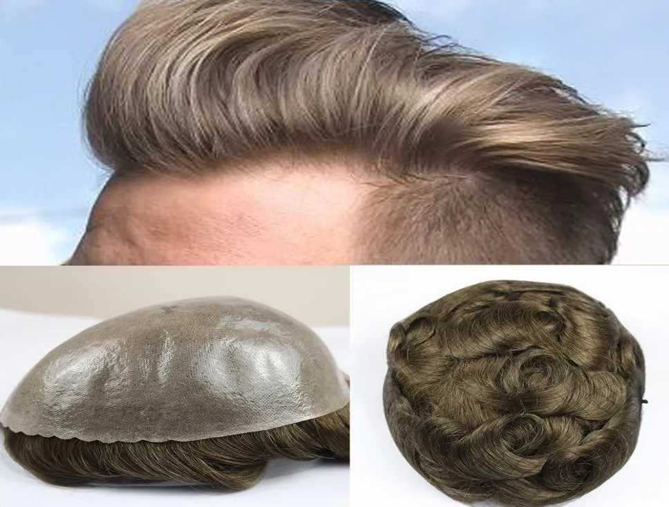 Perruques de remplacement de cheveux humains pour hommes, peau fine et Durable, couleur marron et gris à l'intérieur, toupet de cheveux en PU pour hommes 6090020