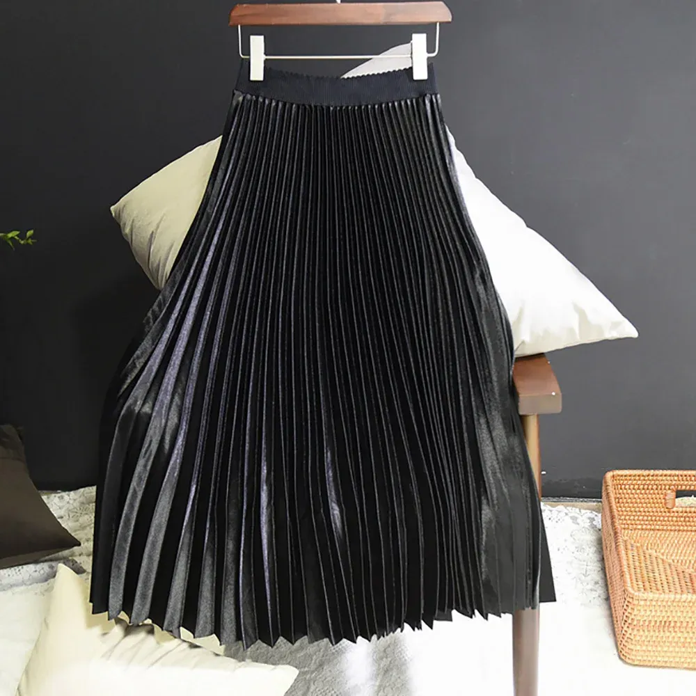 skirt Two Layer Satin Pleated Skirt High Waist Casual Long Midi Skirts for Women Black 2023 Autumn Summer Jupe Saias With Linning