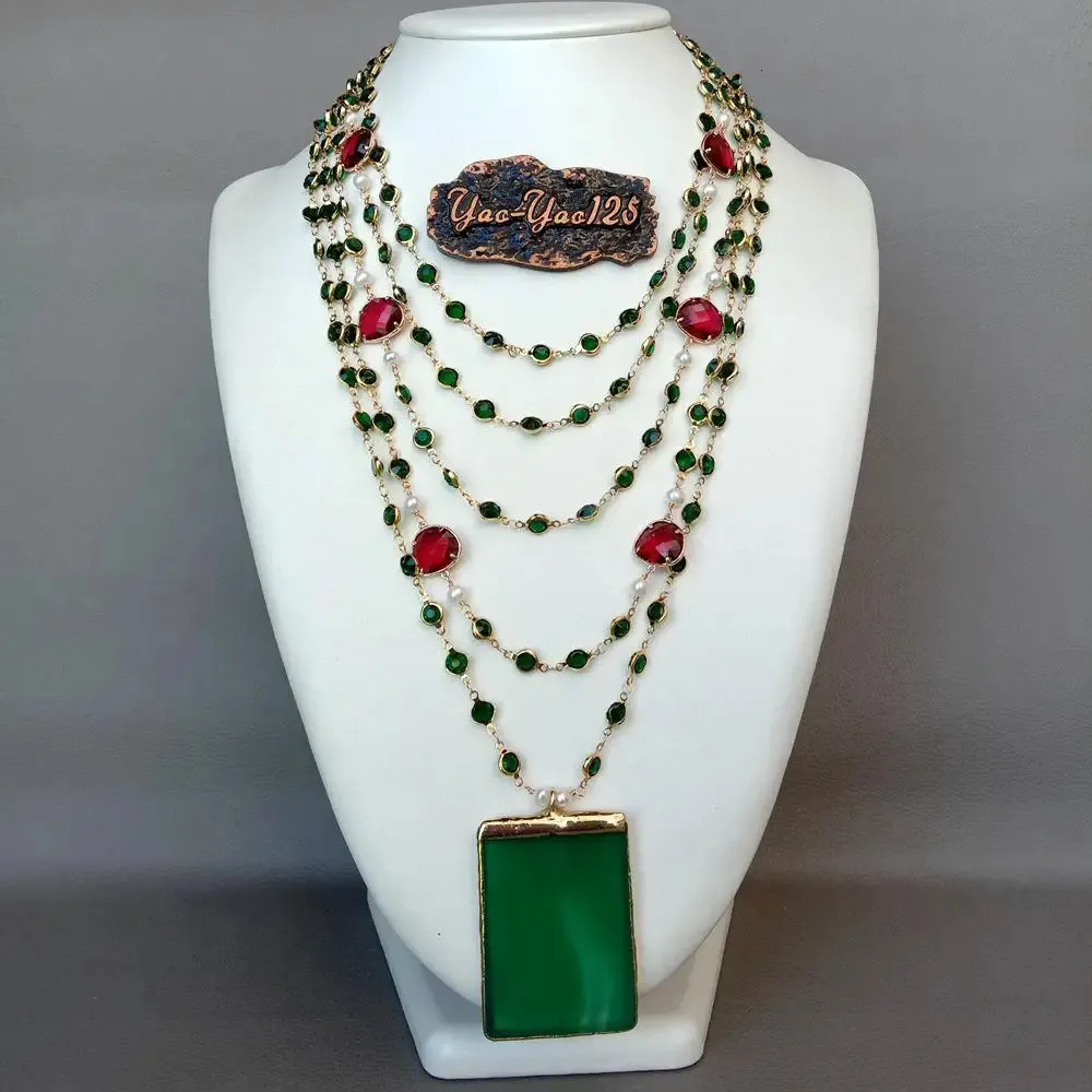 5 Strands 18 White Pearl Green red Crystal Chain Necklace Agates Pendant handmade vintage party style for women jewelry 240305