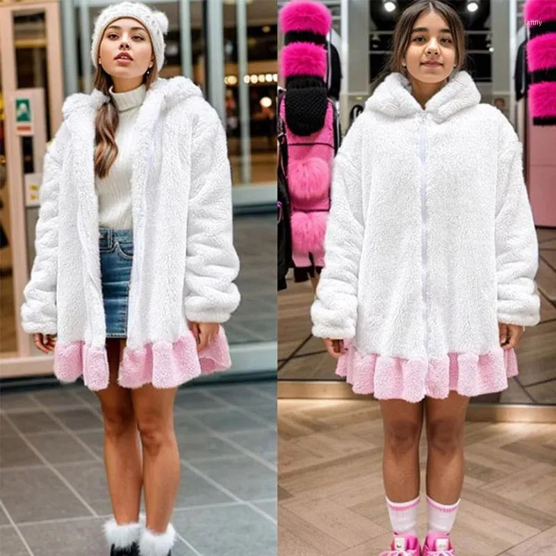 Hoodies femininos kawaii quente fofo fuzzy ou urso orelha vestido com capuz camisola jaqueta topos doce pelúcia casaco com capuz