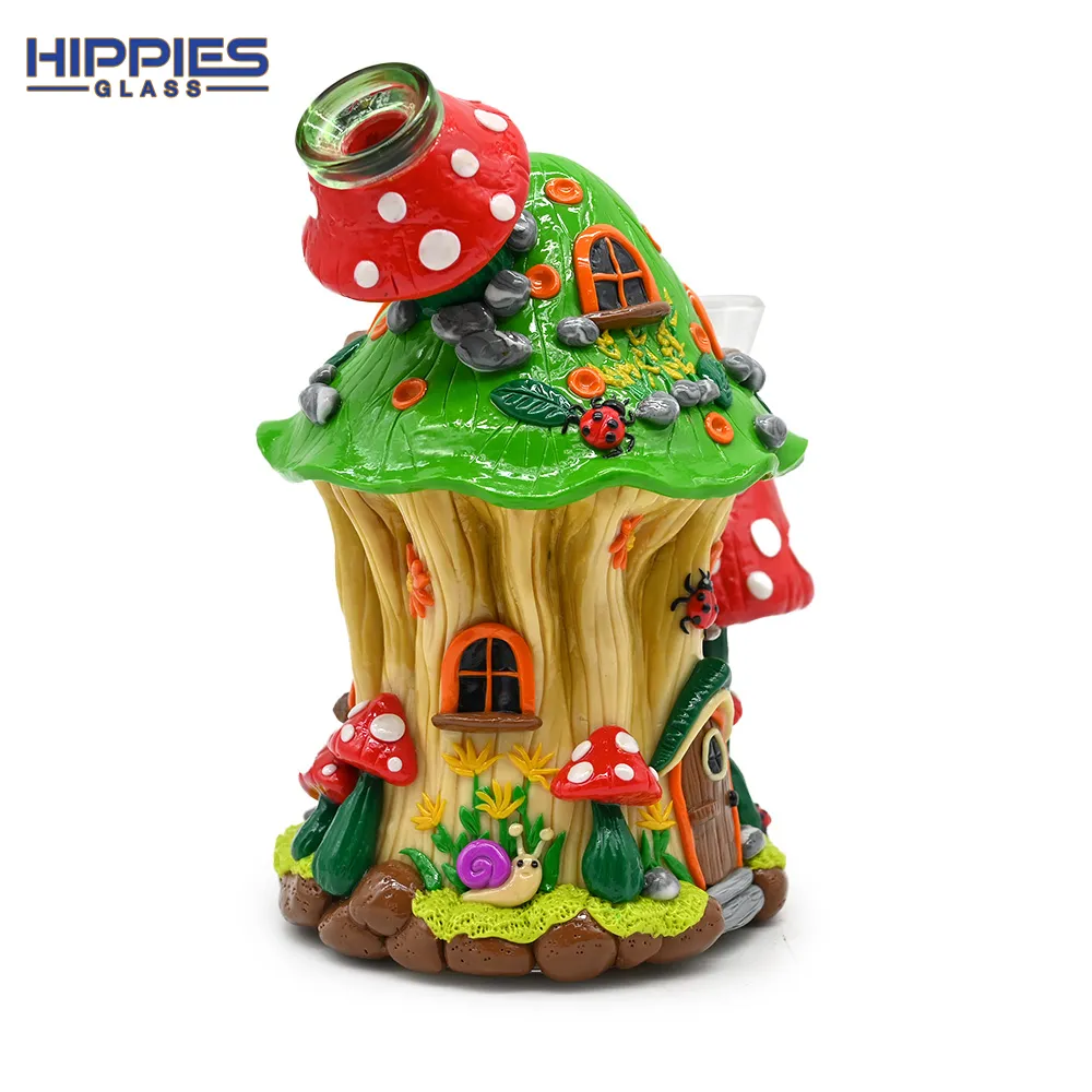 7.4in,Glass Bongs With Cute Mushrooms House,Borosilicate Glass Water Pipe,Glass Hookah,Polymer Clay Cute Cartoon Snail & Seven Starred Ladybird Glass Smoking Item