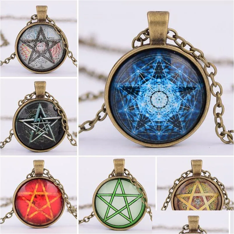 Colliers pendentifs Mode Vintage Mystérieux Pentagramme Cercle Verre Médaillons Pendentif Colliers Pour Femmes Et Hommes Uni Sorcellerie Collier Dhglw