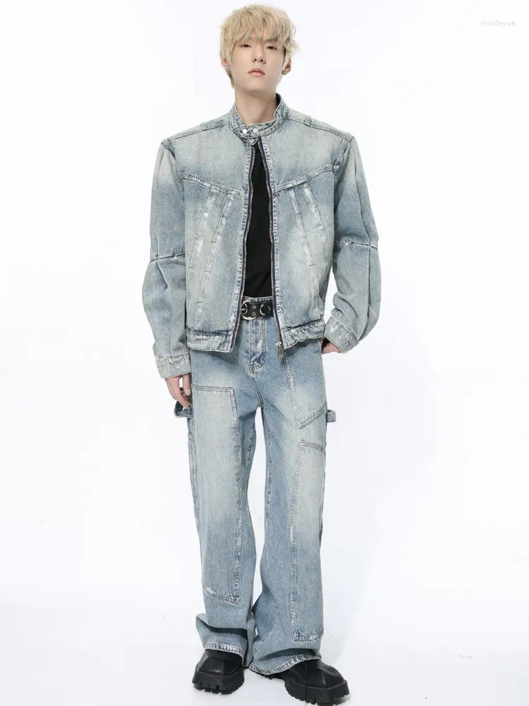 Herrspårar Syuhgfa Denim Suit Casual Multi-Zipper Design Stand Collar American Style Male Jacket Men Wide Leg Pants 2024 Spring