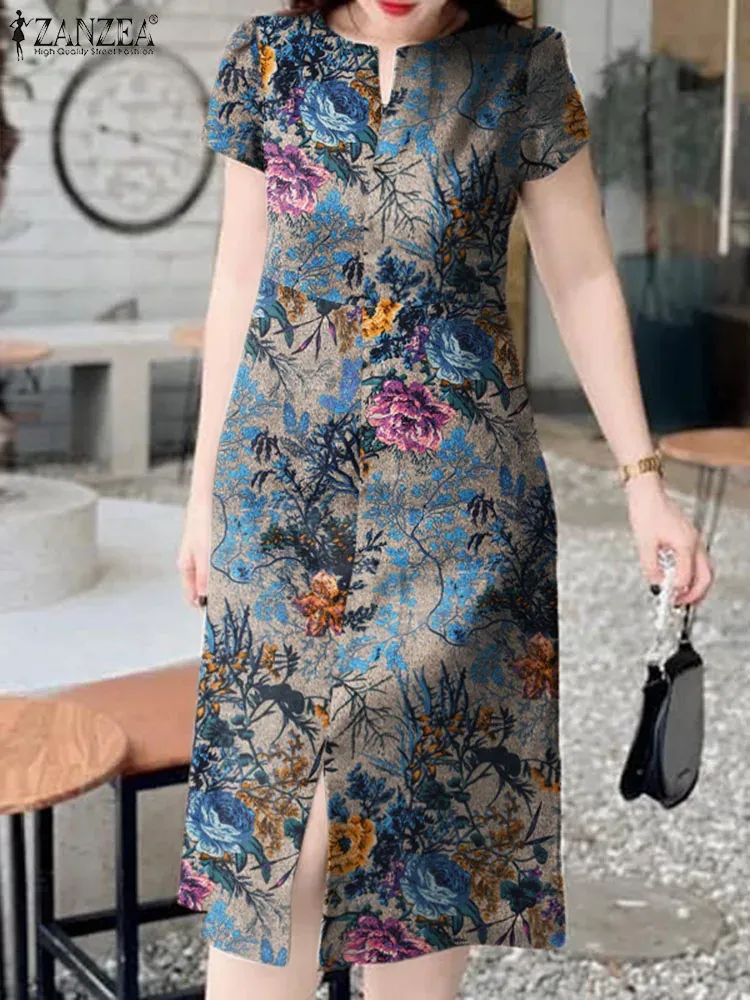 Kleid Mode Retro Kurzarm Robe ZANZEA Frauen Vneck Midi Kleid 2023 Sommer Baumwolle Langes Kleid Urlaub Blume Gedruckt Sommerkleid