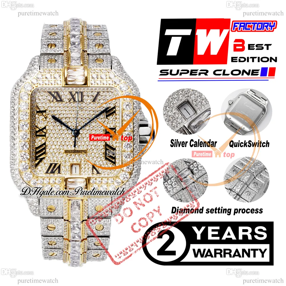 40 mm XL personnalisé pavé de diamants A2824 montre automatique pour homme TWF deux tons or jaune diamants taille baguette cadran romain bracelet en acier glacé Super édition Puretime