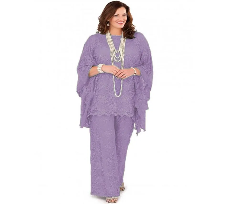 Costumes de pantalon de mère de mariée grande taille 2021 dentelle manches longues robes de marié mère argent gris trois pièces costumes de femmes formelles f5455148