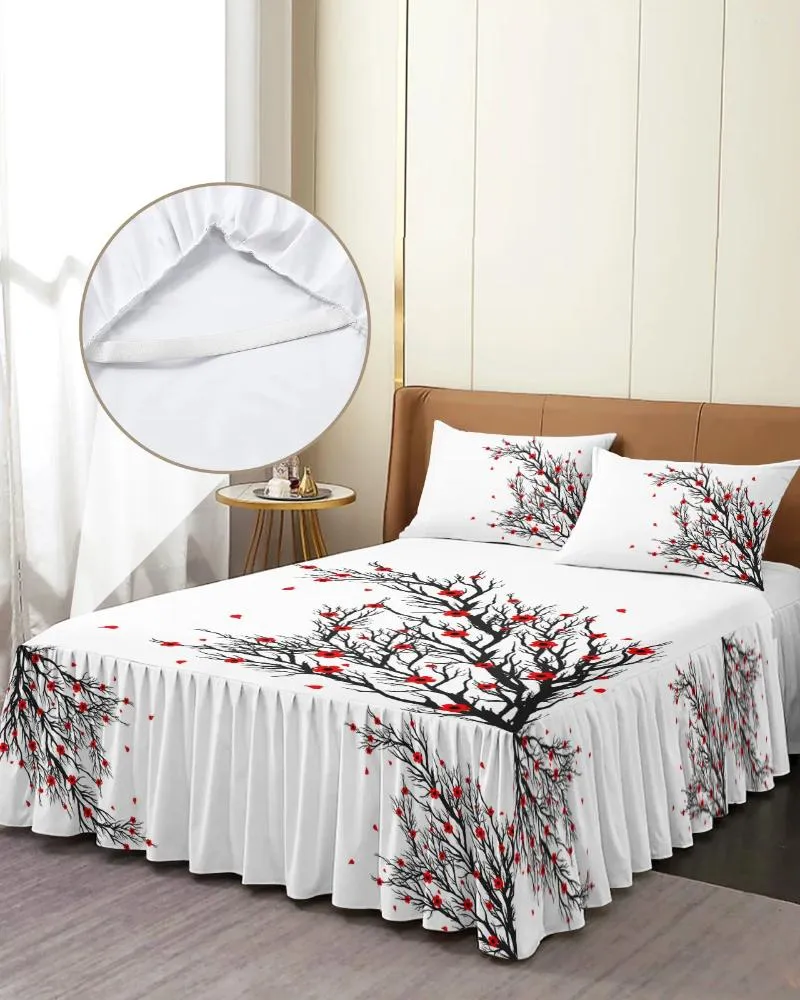 Saia de cama ramo preto flor vermelha branco elástico colcha com fronhas capa colchão conjunto cama folha