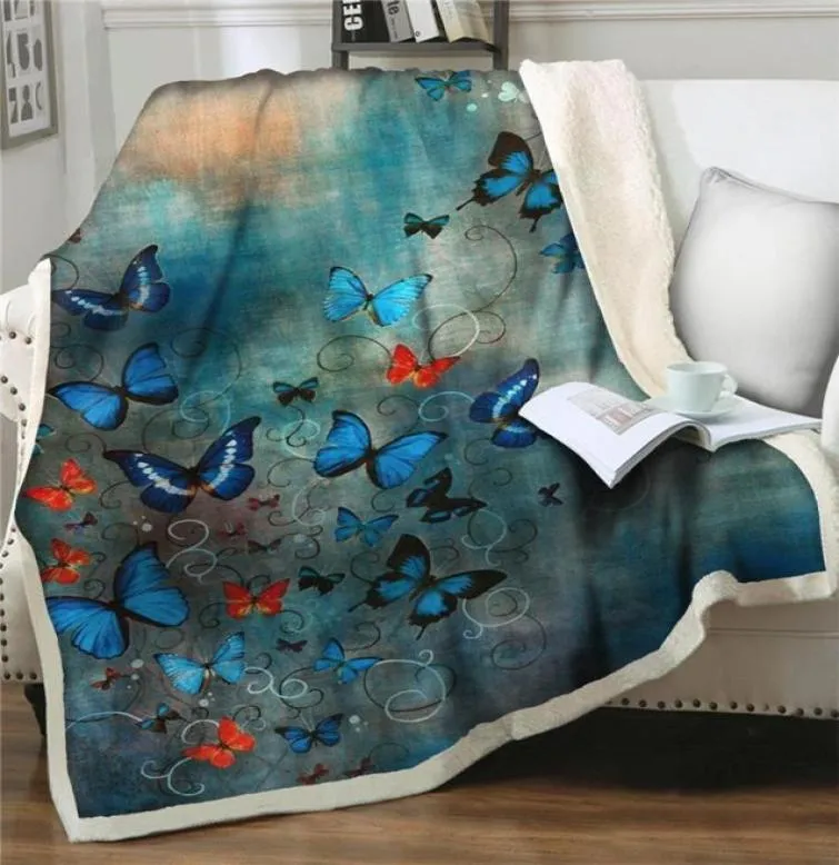 Blankets Cartoon Colorful Butterfly Printed Sherpa Blanket Thicken Soft Flannel Sofa Bedding Bedspread Quilt Cover Home Textiles4538625