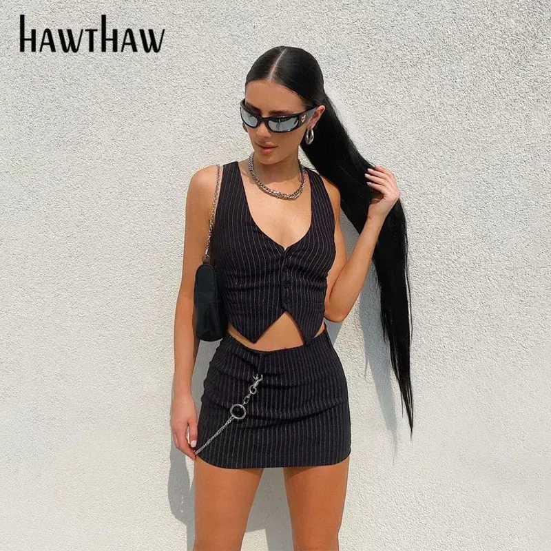 Vestidos hawthaw mulheres outono listrado colheita tank tops mini saia bodycon preto duas peças conjunto terno outfit streetwear 2021 roupas de outono