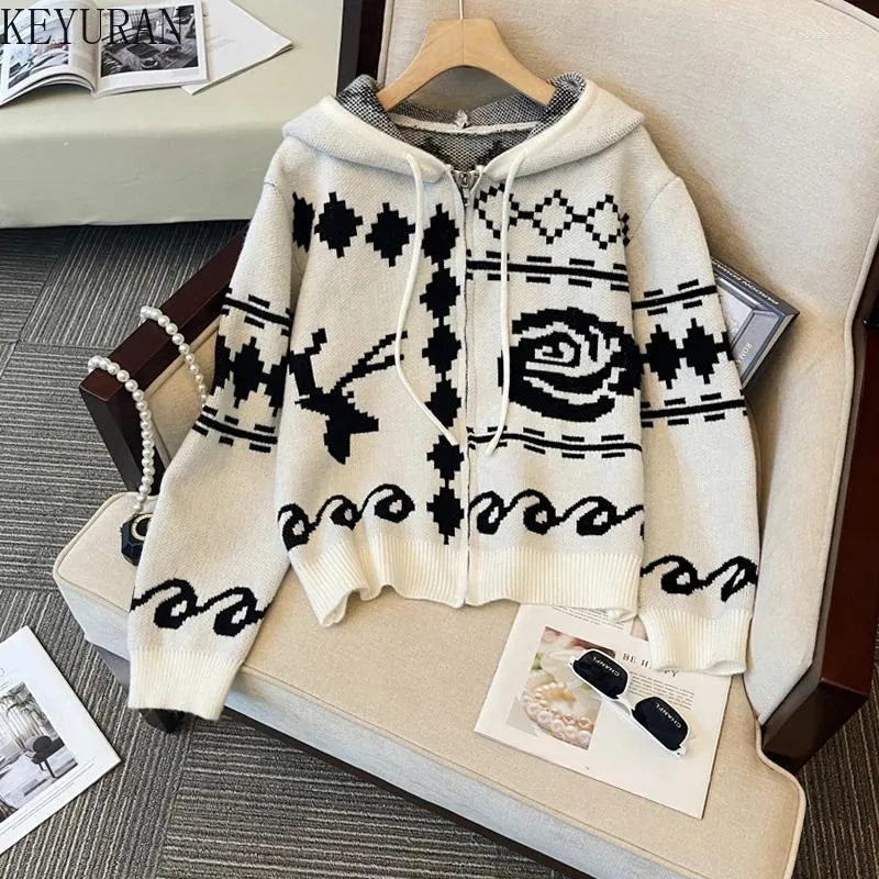 Women's Knits Vintage Rose Floral Jacquard Hooded Sweater Knitted Cardigan Women Autumn Winter Korean Fashion Sweaters Coat Lady Outerwear